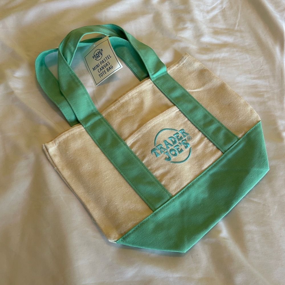 Trader Joes Mini Pastel Canvas Tote Bag Teal Green Cream NWT SKU 79986